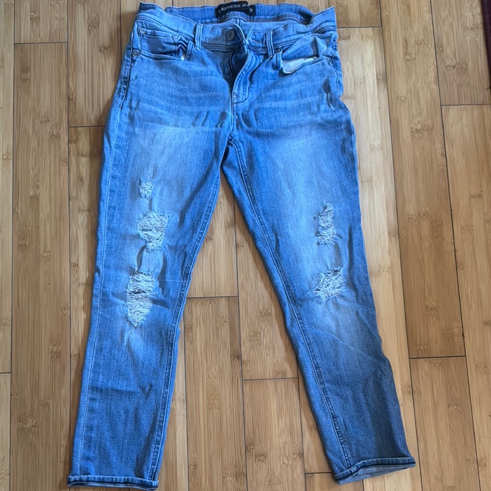 Express Blue Skinny Jeans with Distressed Details cropped
